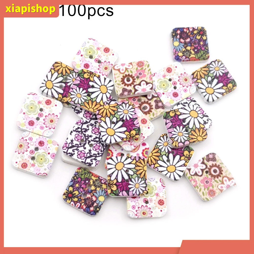 XIAPI+ Set 100 Nút Gỗ Hình Vuông In Họa Tiết Hoa Dùng Để Trang Trí Quần Áo / Túi Xách