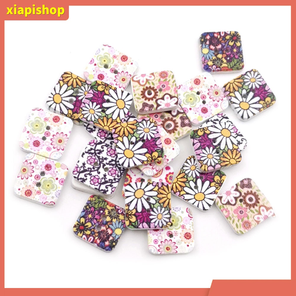 XIAPI+ Set 100 Nút Gỗ Hình Vuông In Họa Tiết Hoa Dùng Để Trang Trí Quần Áo / Túi Xách
