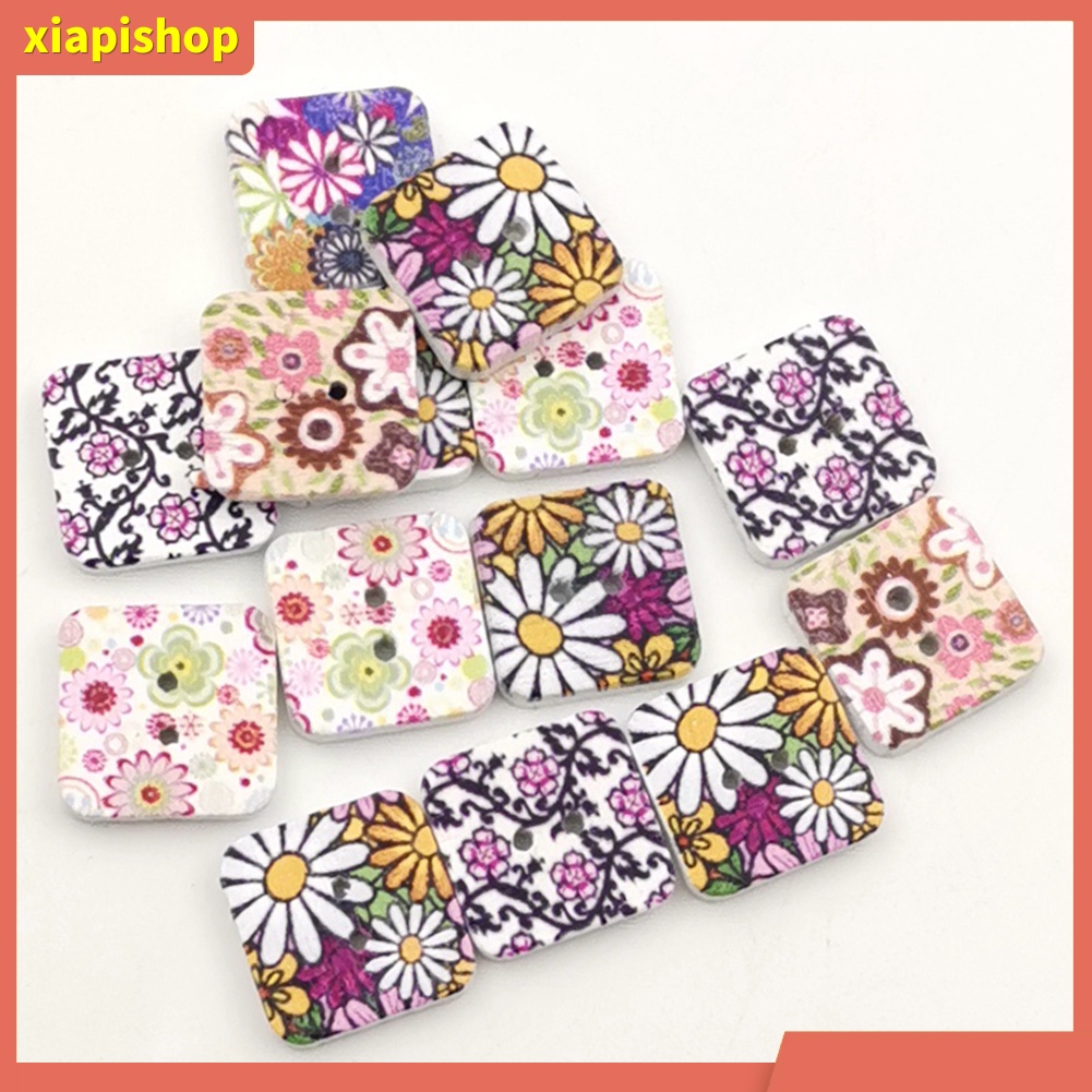 XIAPI+ Set 100 Nút Gỗ Hình Vuông In Họa Tiết Hoa Dùng Để Trang Trí Quần Áo / Túi Xách