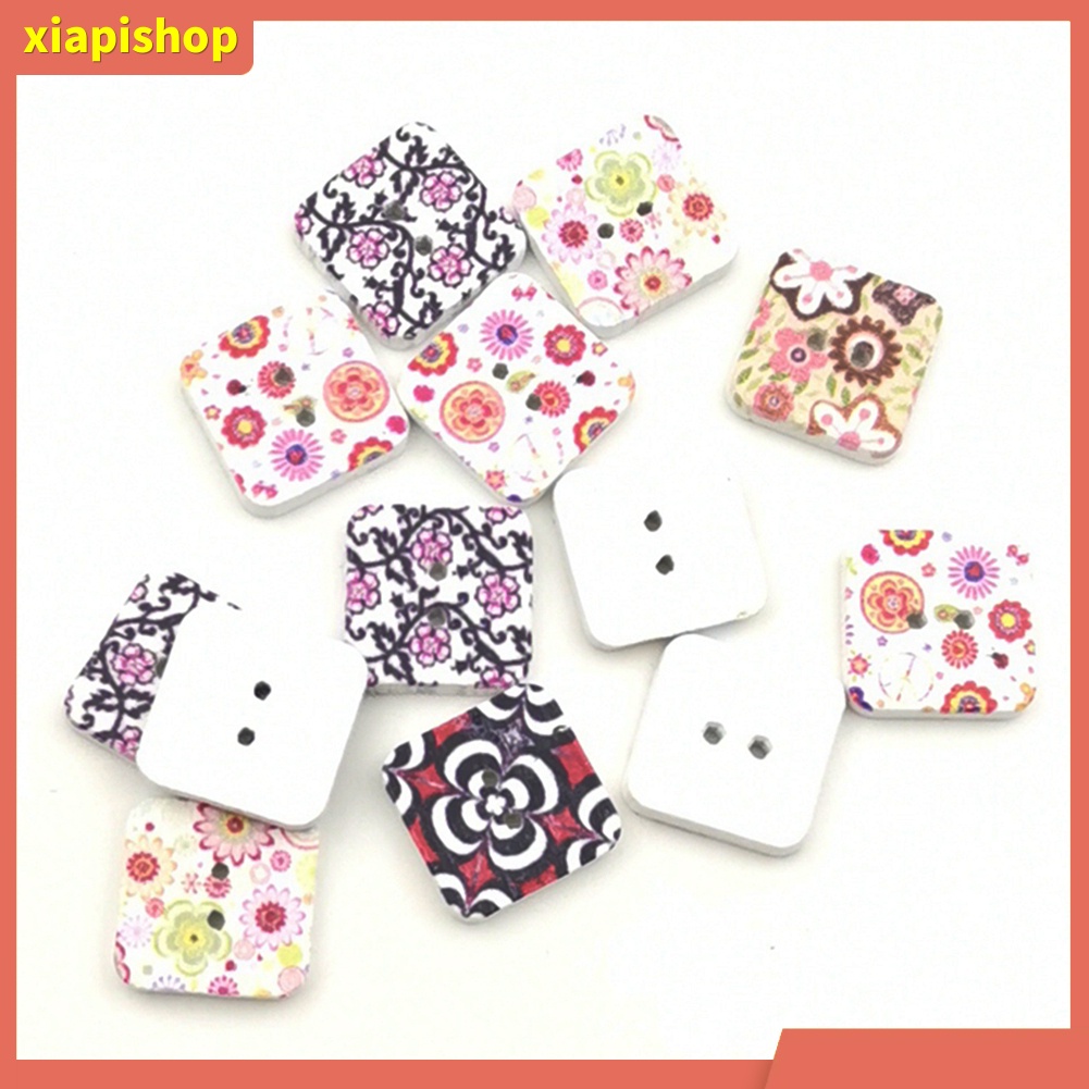 XIAPI+ Set 100 Nút Gỗ Hình Vuông In Họa Tiết Hoa Dùng Để Trang Trí Quần Áo / Túi Xách