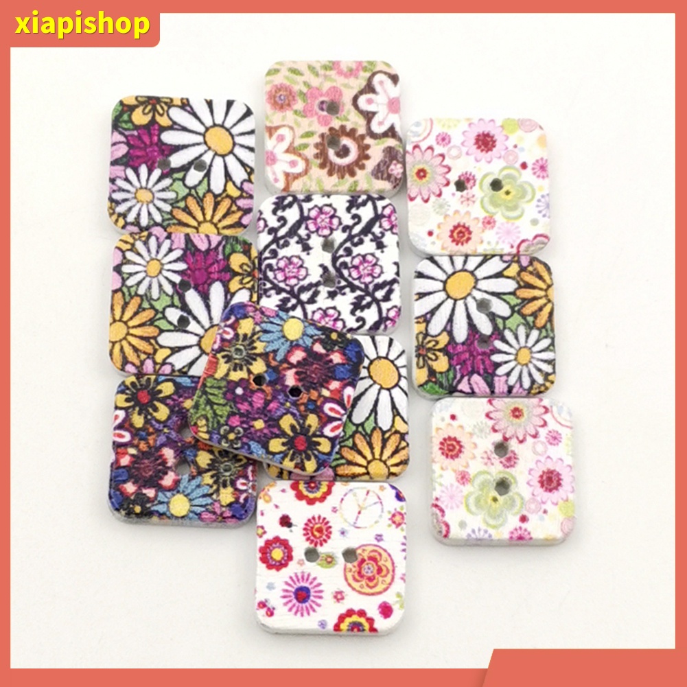 XIAPI+ Set 100 Nút Gỗ Hình Vuông In Họa Tiết Hoa Dùng Để Trang Trí Quần Áo / Túi Xách