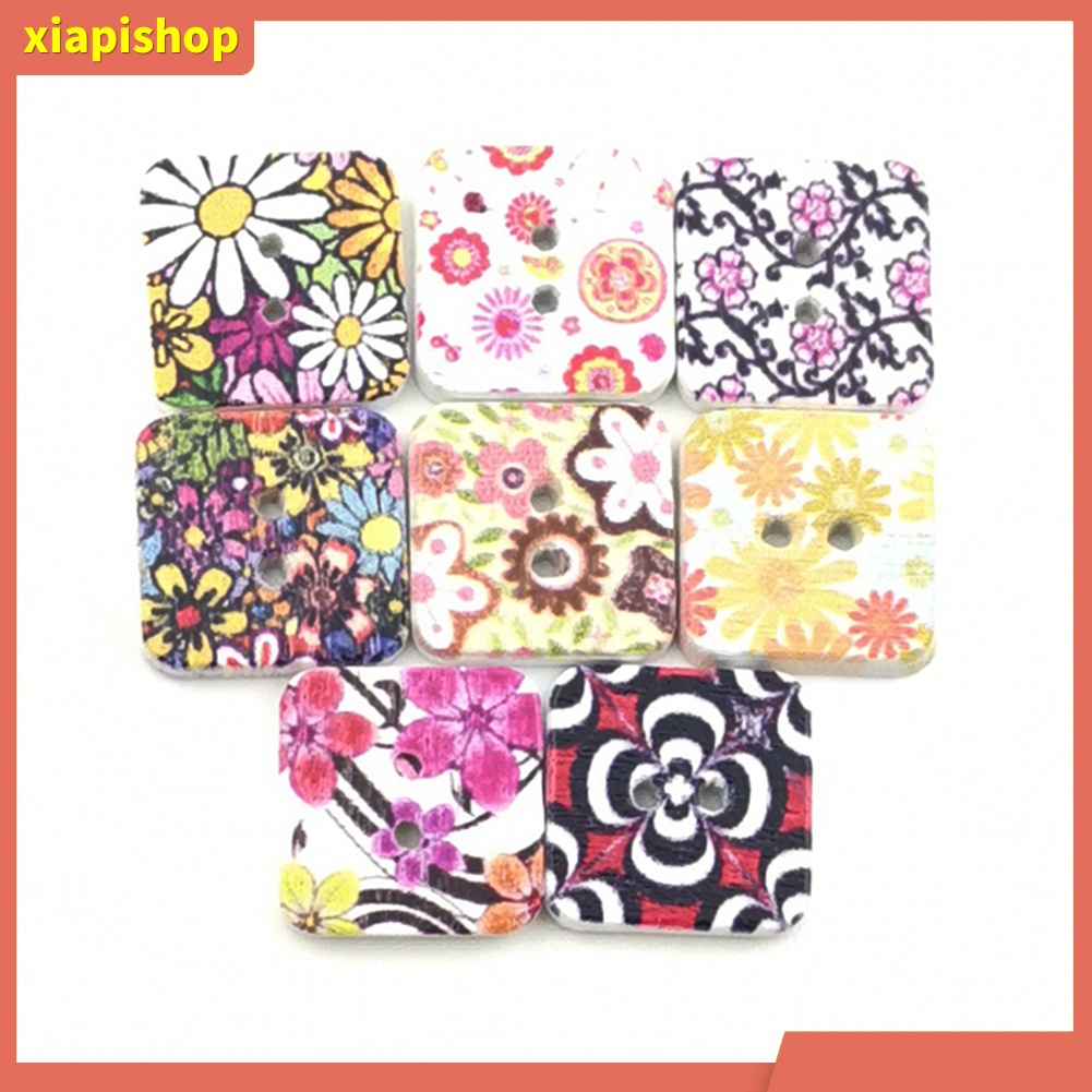 XIAPI+ Set 100 Nút Gỗ Hình Vuông In Họa Tiết Hoa Dùng Để Trang Trí Quần Áo / Túi Xách