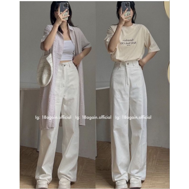 Quần jeans nữ ống rộng lưng cao basic hack chân QC