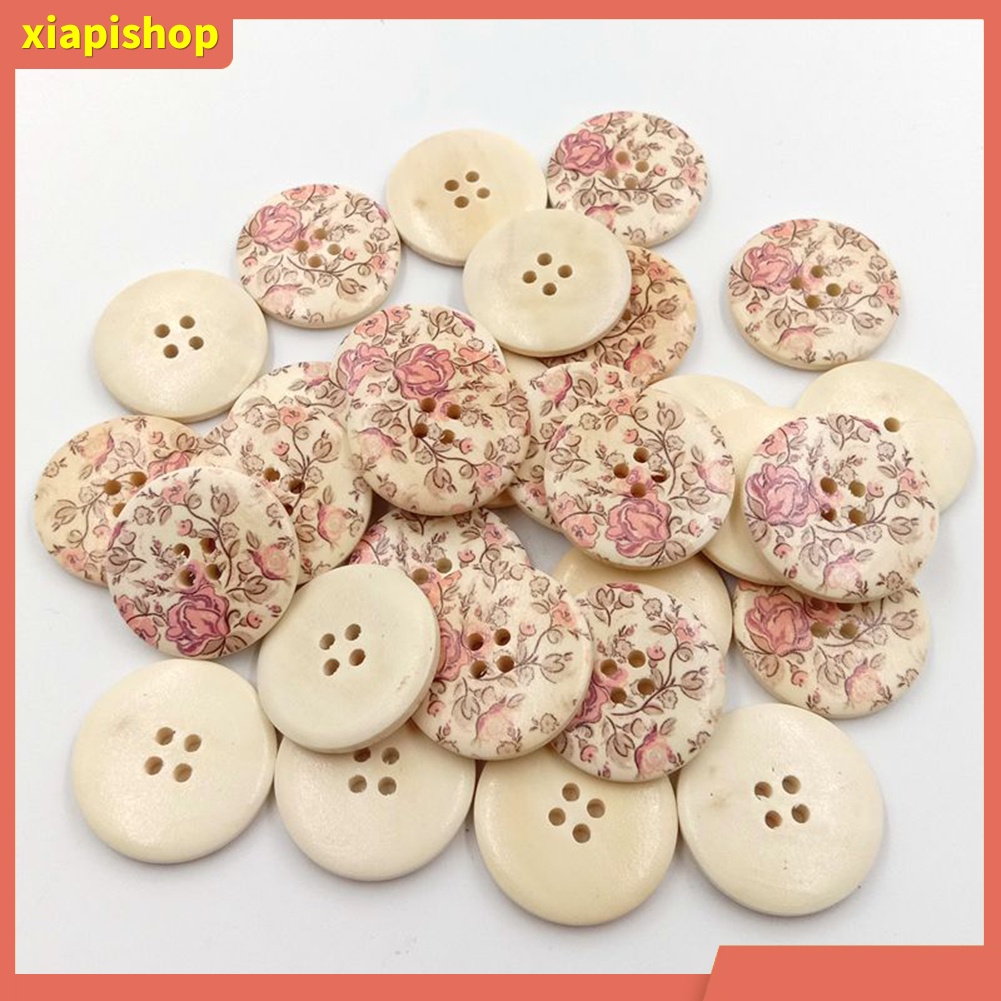 XIAPI+ Set 30 Nút Gỗ Tròn 4 Lỗ In Họa Tiết Hoa Vintage Đa Ứng Dụng