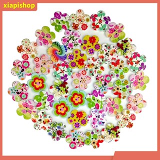 XIAPI+ Set 100 khuy gỗ hai lỗ hình hoa dễ thương làm thủ công H17