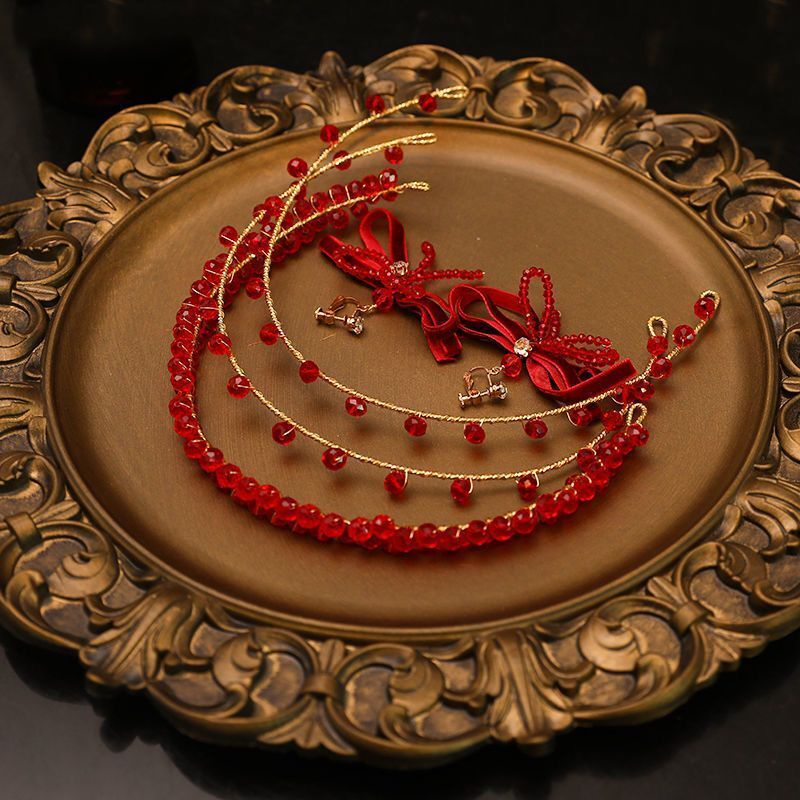 Phụ Kiện Cài Tóc Cô Dâu Màu Đỏ Rượu Vang Phong Cách Hàn Quốc