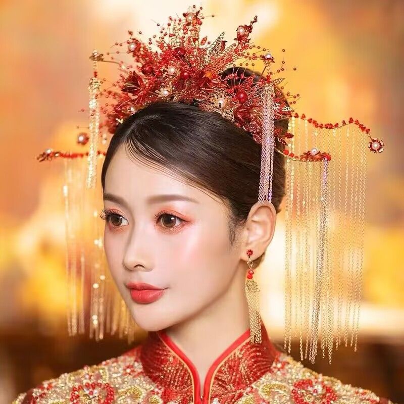 Phụ Kiện Cài Tóc Cô Dâu Hình Vương Miện Phượng Hoàng Cao Cấp Phối Tua Rua Kiểu Trung Hoa Cổ Điển