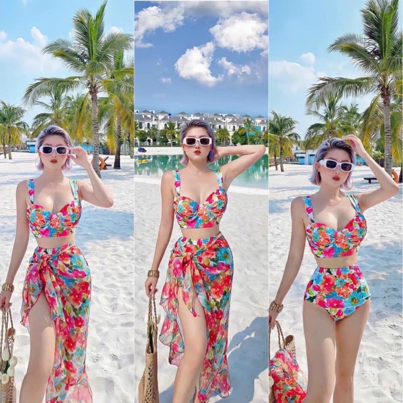 Bikini sét 3 món áo gọng quần nhún kèm khăn cột