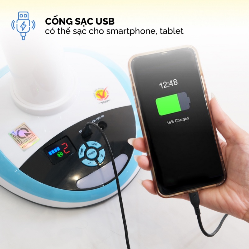 Quạt tích điện to HONJIANDA HJD-FL416, HJD-FL416H - 5 Cánh Rộng 16 Inch - 2 Bình 6V5Ah, 4 Đèn LED, Thời Gian Sử Dụng 35h