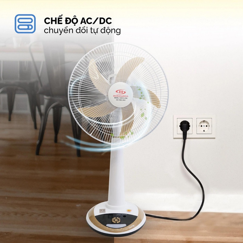 Quạt tích điện to HONJIANDA HJD-FL416, HJD-FL416H - 5 Cánh Rộng 16 Inch - 2 Bình 6V5Ah, 4 Đèn LED, Thời Gian Sử Dụng 35h
