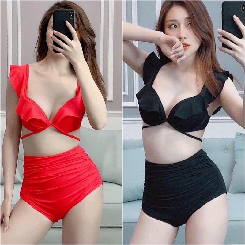 Bikini hai mảnh áo gọng mút nâng cánh tiên kèm quần nhún lưng cao