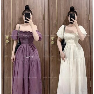Váy/đầm/maxi tơ nhăn chun cổ vuông tay phồng dáng dài xoè qua gối 2 màu hot