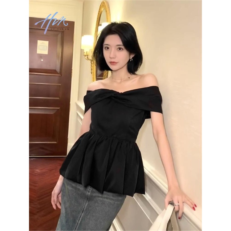 Áo Kiểu Trễ Vai Tay Ngắn Phối Nơ Phong Cách Pháp Thời Trang Xuân Hè 2023 Cho Nữ