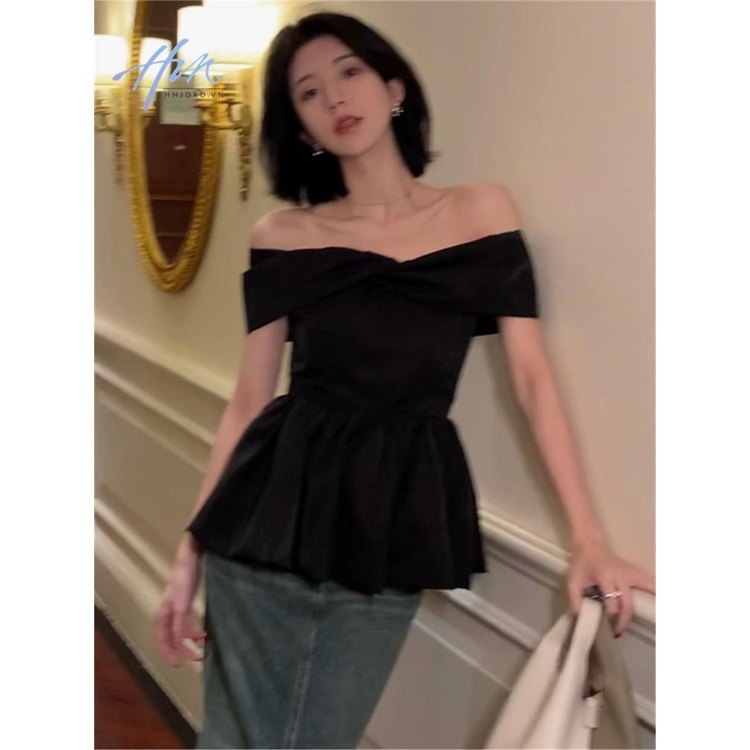 Áo Kiểu Trễ Vai Tay Ngắn Phối Nơ Phong Cách Pháp Thời Trang Xuân Hè 2023 Cho Nữ