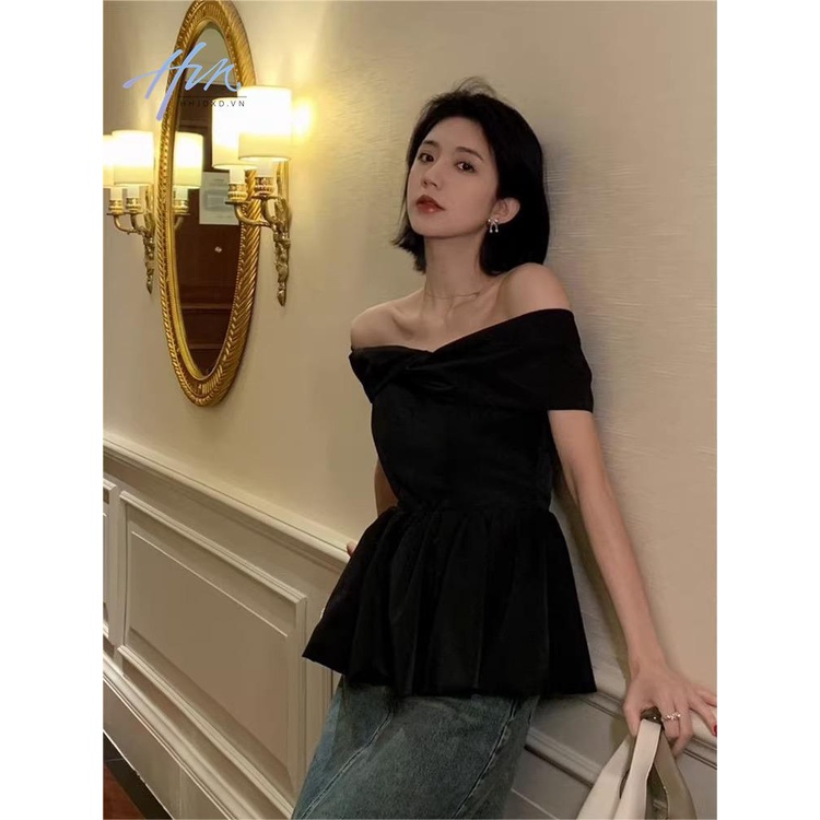 Áo Kiểu Trễ Vai Tay Ngắn Phối Nơ Phong Cách Pháp Thời Trang Xuân Hè 2023 Cho Nữ