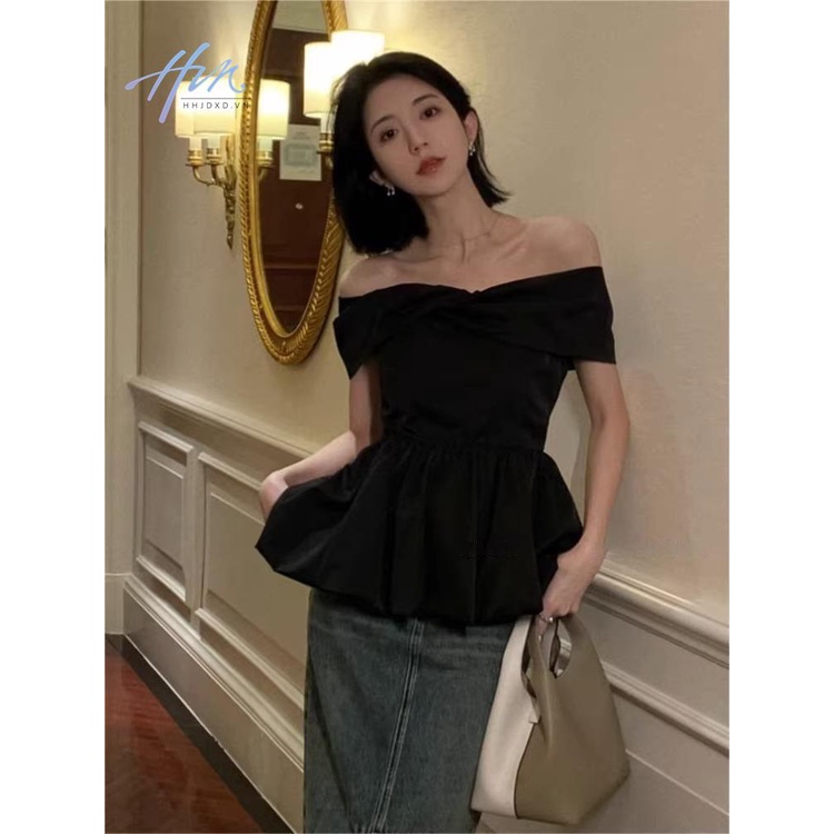 Áo Kiểu Trễ Vai Tay Ngắn Phối Nơ Phong Cách Pháp Thời Trang Xuân Hè 2023 Cho Nữ