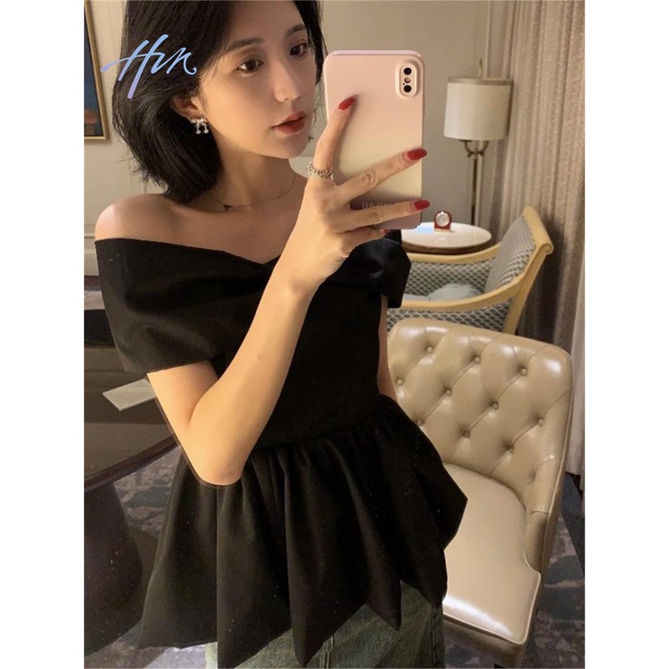 Áo Kiểu Trễ Vai Tay Ngắn Phối Nơ Phong Cách Pháp Thời Trang Xuân Hè 2023 Cho Nữ