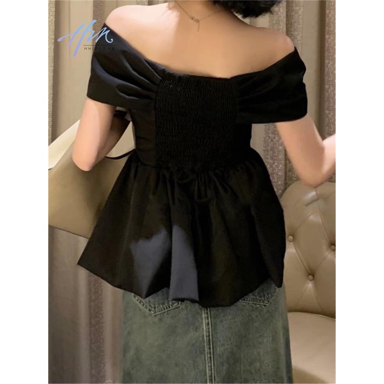 Áo Kiểu Trễ Vai Tay Ngắn Phối Nơ Phong Cách Pháp Thời Trang Xuân Hè 2023 Cho Nữ