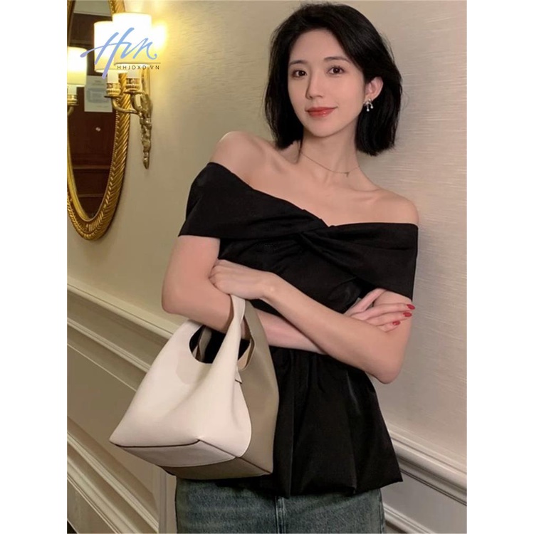 Áo Kiểu Trễ Vai Tay Ngắn Phối Nơ Phong Cách Pháp Thời Trang Xuân Hè 2023 Cho Nữ