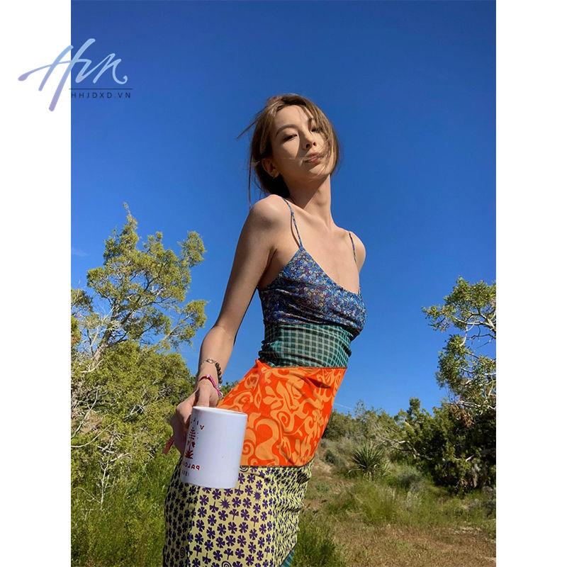Đầm Dài Xẻ Tà Phối Màu Sắc Tương Phản Phong Cách Mỹ Cổ Điển Thời Trang Mùa Hè Hàng Mới 2023