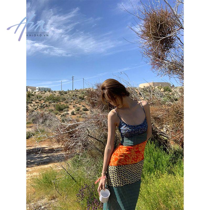 Đầm Dài Xẻ Tà Phối Màu Sắc Tương Phản Phong Cách Mỹ Cổ Điển Thời Trang Mùa Hè Hàng Mới 2023