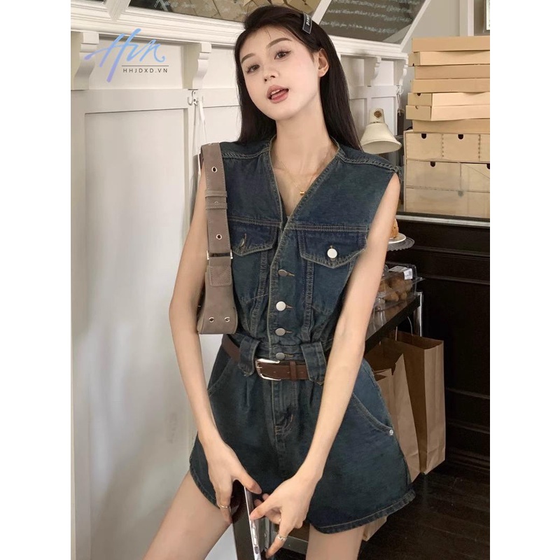 Áo Liền Quần Jean Ngắn Không Tay Eo Cao Thời Trang Mùa Hè Mới 2023 Dành Cho Nữ