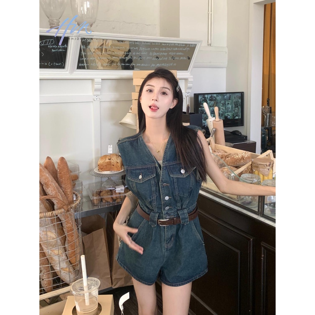 Áo Liền Quần Jean Ngắn Không Tay Eo Cao Thời Trang Mùa Hè Mới 2023 Dành Cho Nữ