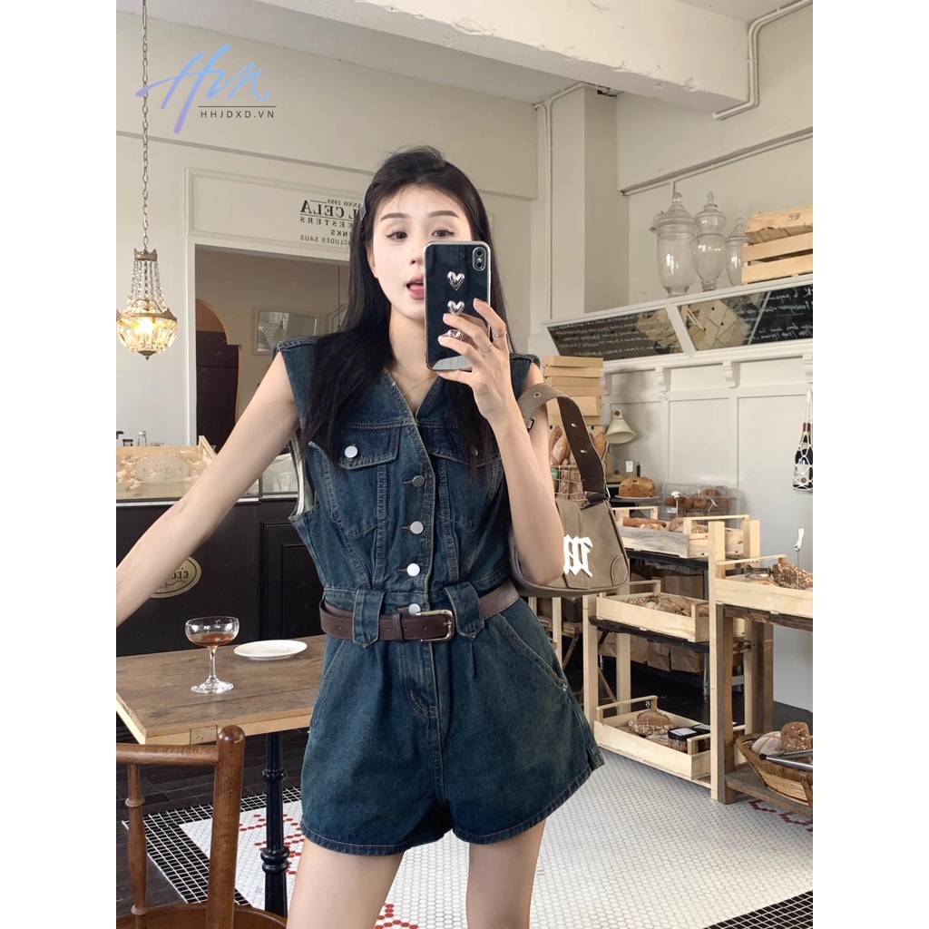Áo Liền Quần Jean Ngắn Không Tay Eo Cao Thời Trang Mùa Hè Mới 2023 Dành Cho Nữ