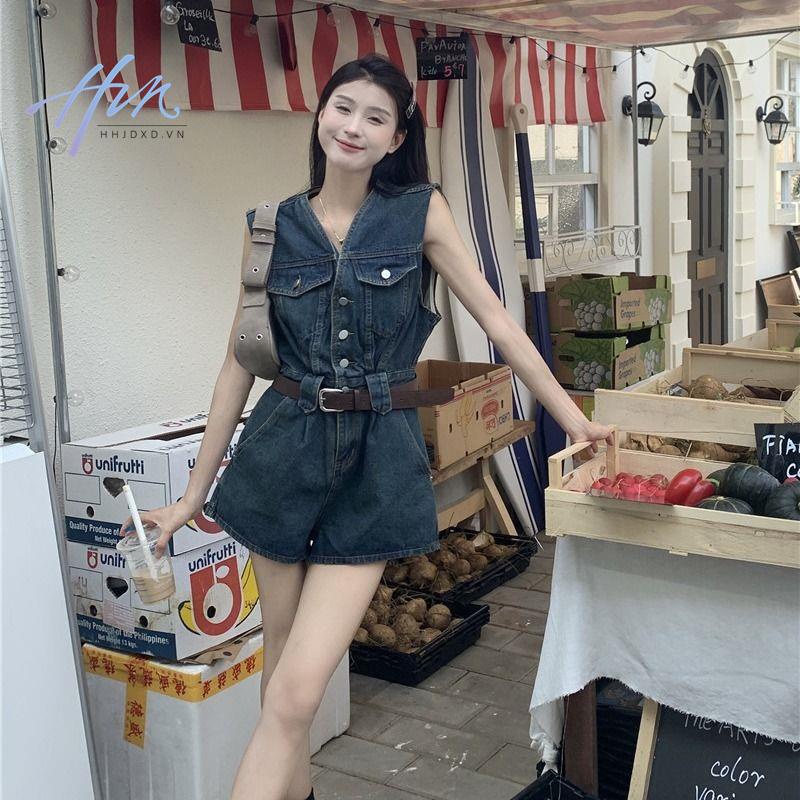 Áo Liền Quần Jean Ngắn Không Tay Eo Cao Thời Trang Mùa Hè Mới 2023 Dành Cho Nữ