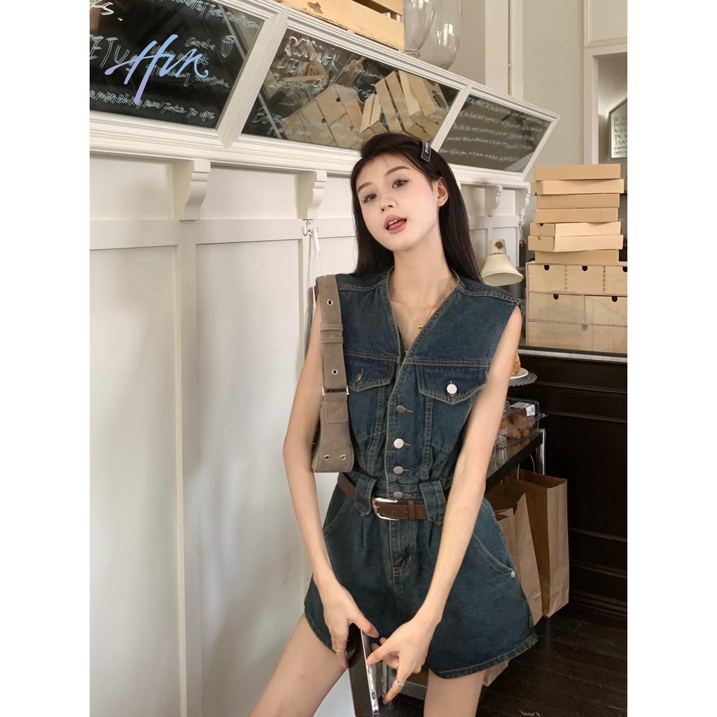 Áo Liền Quần Jean Ngắn Không Tay Eo Cao Thời Trang Mùa Hè Mới 2023 Dành Cho Nữ