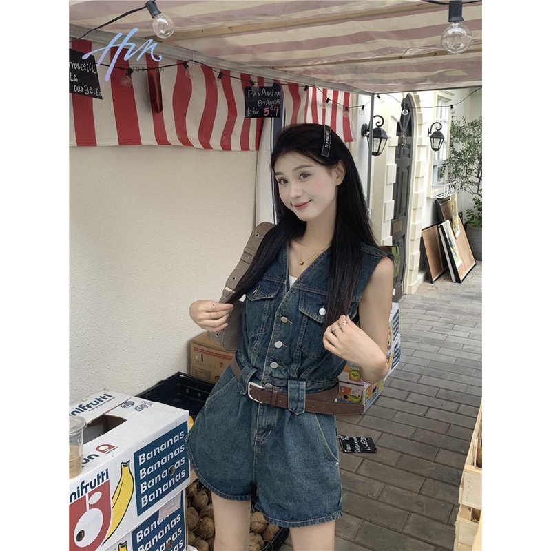 Áo Liền Quần Jean Ngắn Không Tay Eo Cao Thời Trang Mùa Hè Mới 2023 Dành Cho Nữ