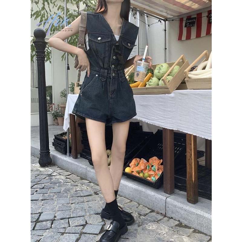 Áo Liền Quần Jean Ngắn Không Tay Eo Cao Thời Trang Mùa Hè Mới 2023 Dành Cho Nữ