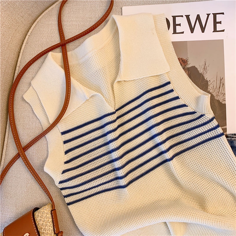 Áo Dệt Kim Không Tay Cổ polo Họa Tiết Kẻ Sọc Thời Trang Mùa Hè Hàng Mới 2023 Dành Cho Bạn Nữ
