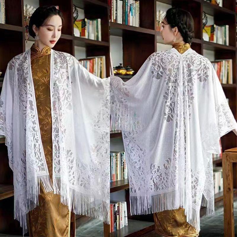 Khăn Choàng Sườn Xám Bằng Lụa Mỏng Phối Ren Tua Rua Phong Cách Dân Tộc Thời Trang Mùa Hè Dành Cho Nữ
