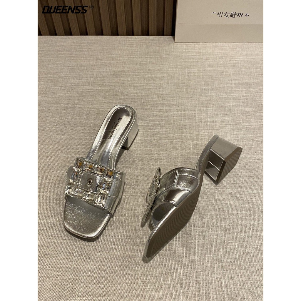 Giày Sandal Cao Gót Đế Thô Quai Đính Đá Vuông Phong Cách Pháp Thời Trang Xuân Hè 2023 Mới Dành Cho Bạn Nữ