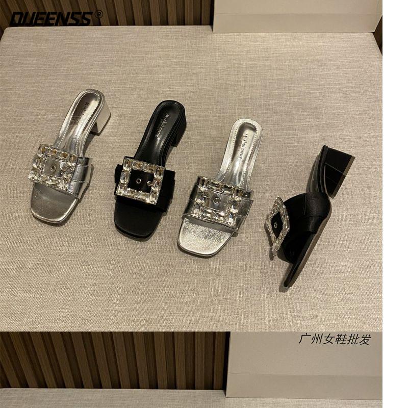Giày Sandal Cao Gót Đế Thô Quai Đính Đá Vuông Phong Cách Pháp Thời Trang Xuân Hè 2023 Mới Dành Cho Bạn Nữ