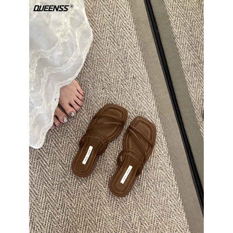 Giày Sandal Đế Bệt Mũi Vuông Thời Trang Pháp Quý Phái Dành Cho Nữ