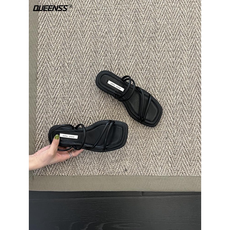 Giày Sandal Đế Bệt Mũi Vuông Thời Trang Pháp Quý Phái Dành Cho Nữ