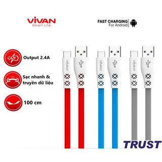 Cáp sạc type-c loại dẹt 1 mét 2.4a-sạc cho điện thoại samsung xiaomi oppo huawei -vivan ctc100