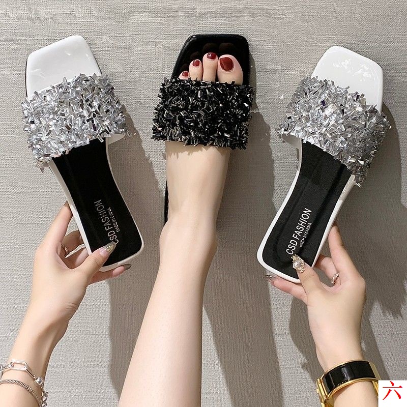 Dép Sandal Đế Bằng Đính Đá Kim Sa Lấp Lánh Thời Trang Mùa Hè 2023 Cho Nữ Có Size Lớn 41-43