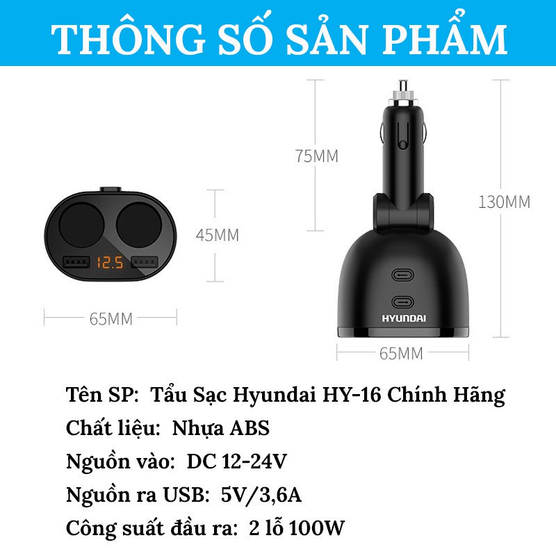 Tẩu sạc ô tô 2 cổng chính hãng hyundai mã HY-16 HY-10 dùng điện 12 đến 24V | BigBuy360 - bigbuy360.vn