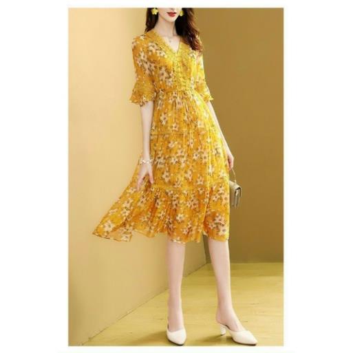Hàng nhập - Đầm dáng xòe vintage voan lụa hoa vàng, váy dự tiệc tay bèo cổ V viền ren [NNQB]