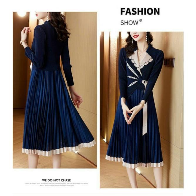 Hàng nhập - Đầm dáng xòe ren lụa xếp li cổ vest, váy dự tiệc tay dài phối dây thắt eo [NNQB]