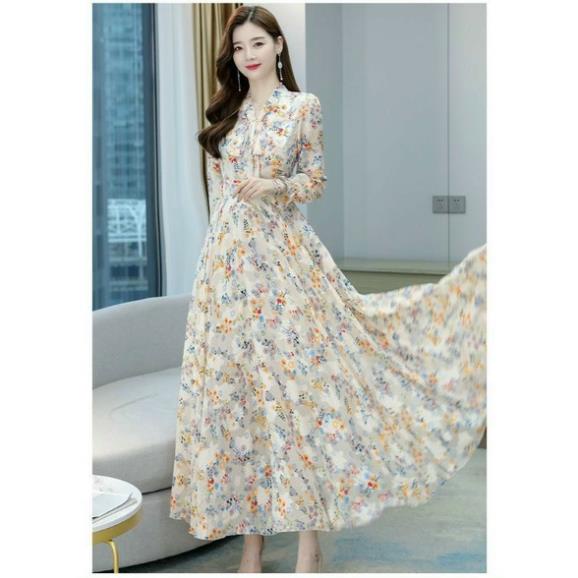 Hàng nhập - Đầm dáng xòe maxi voan mềm in hoa nhí, váy dự tiệc tay dài cổ thắt nơ [NNQB]