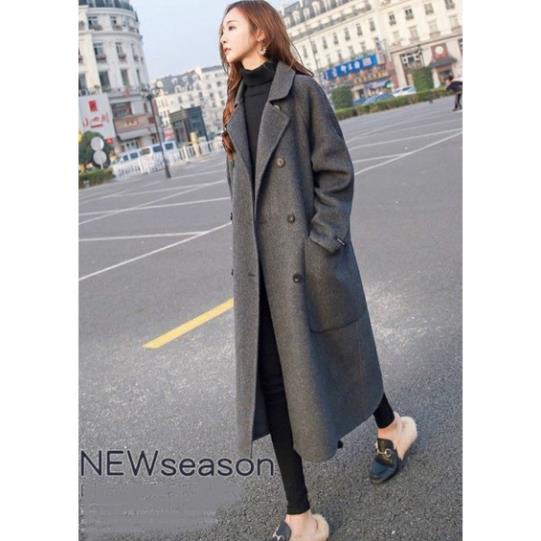 Hàng nhập - Áo khoác nữ dạ len form dài sang trọng, áo manto xám cổ vest 6 nút [NNQB]