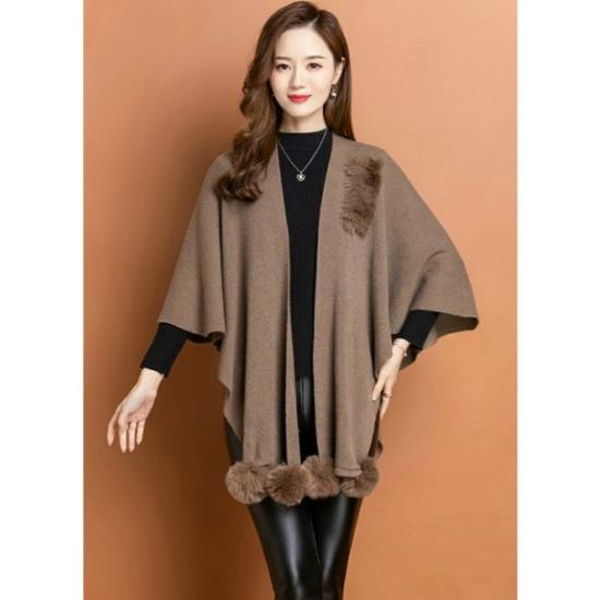 Hàng nhập - Áo len nữ dạng choàng cánh dơi cục bông, áo kiểu thu đông phối viền lông [NNQB]