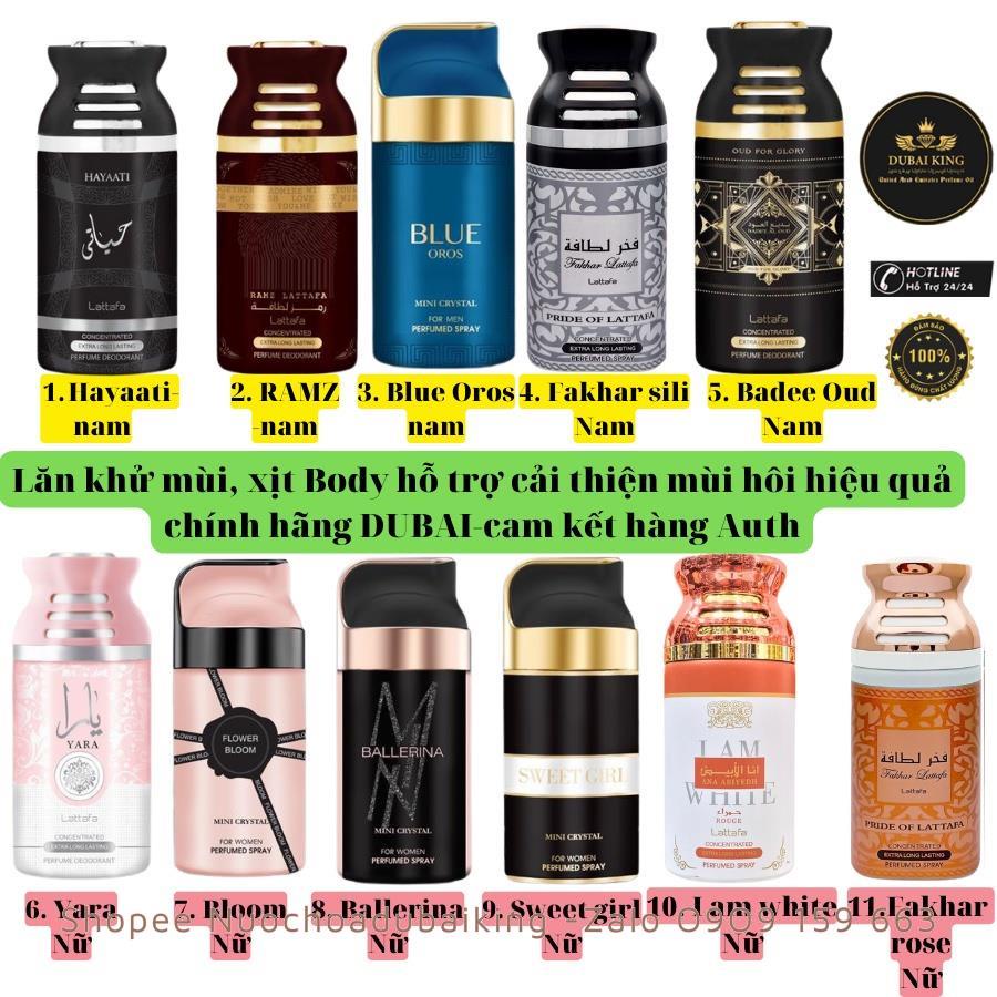 Xịt khử mùi nách, xịt thơm body mist hương nước hoa hỗ trợ cải thiện mùi hôi hiệu quả chính hãng DUBAI 250mLsiêu thơm