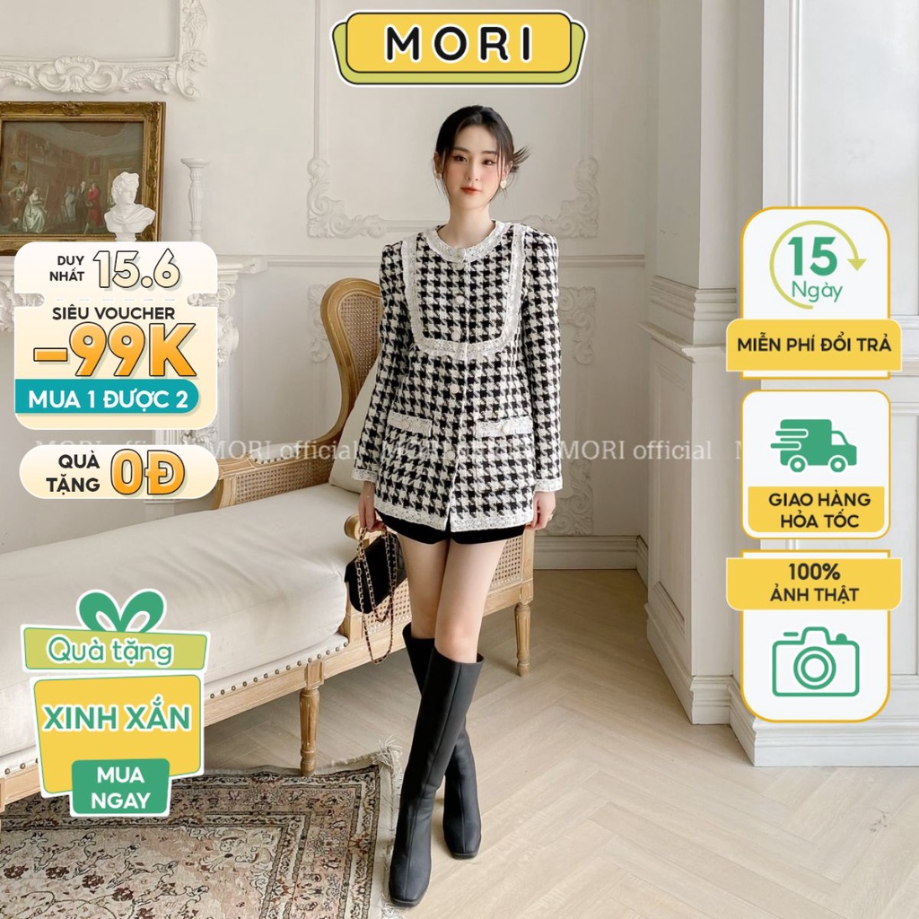 Áo dạ tweed nữ caro phối ren cúc ngọc dáng dài áo dạ nữ phong cách tiểu thư thời trang thiết kế MORI CLOTHING A767