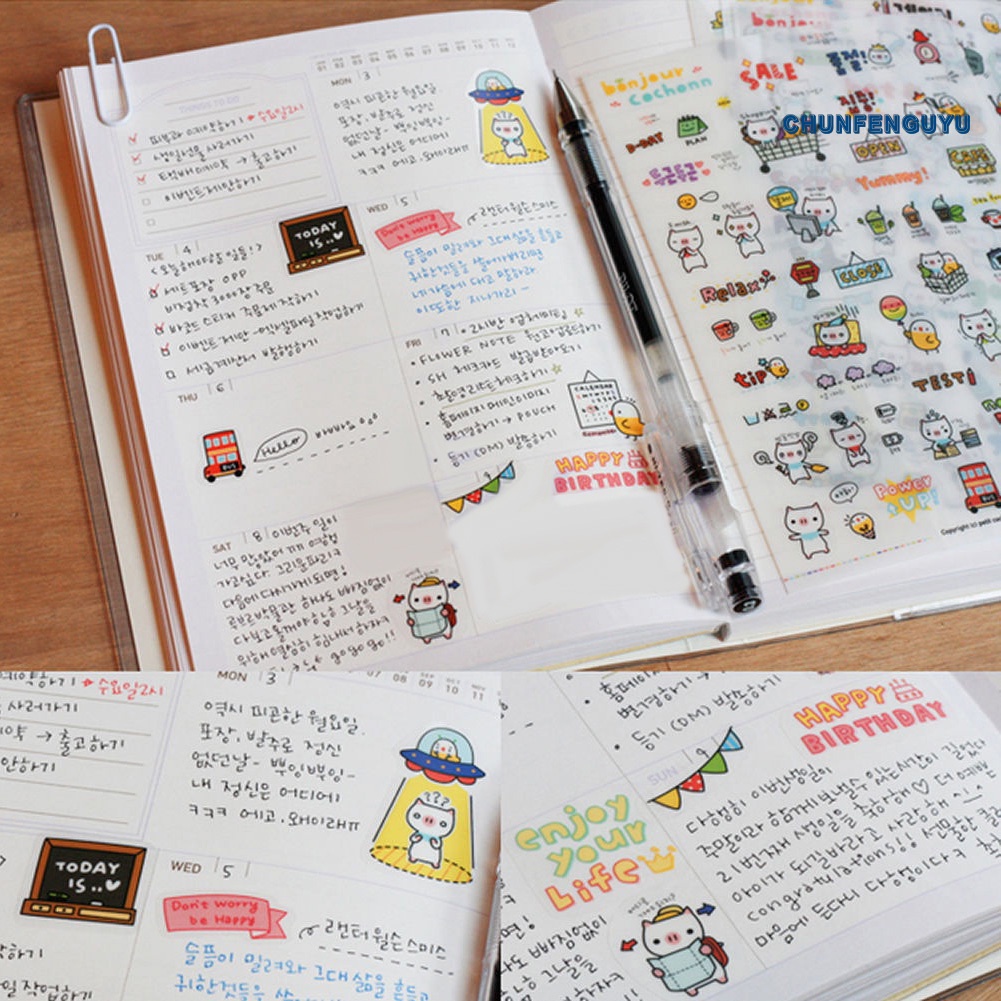 Set 6 Tấm Sticker Dán Sổ Nhật Ký Hình Heo Hoạt Hình Trong Suốt