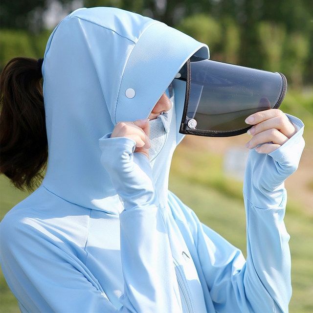 Áo Khoác Chống Nắng Bằng Lụa Lạnh Mỏng Tay Dài Có Nón Chống Tia Cực Tím Thoáng Khí Thời Trang Mùa